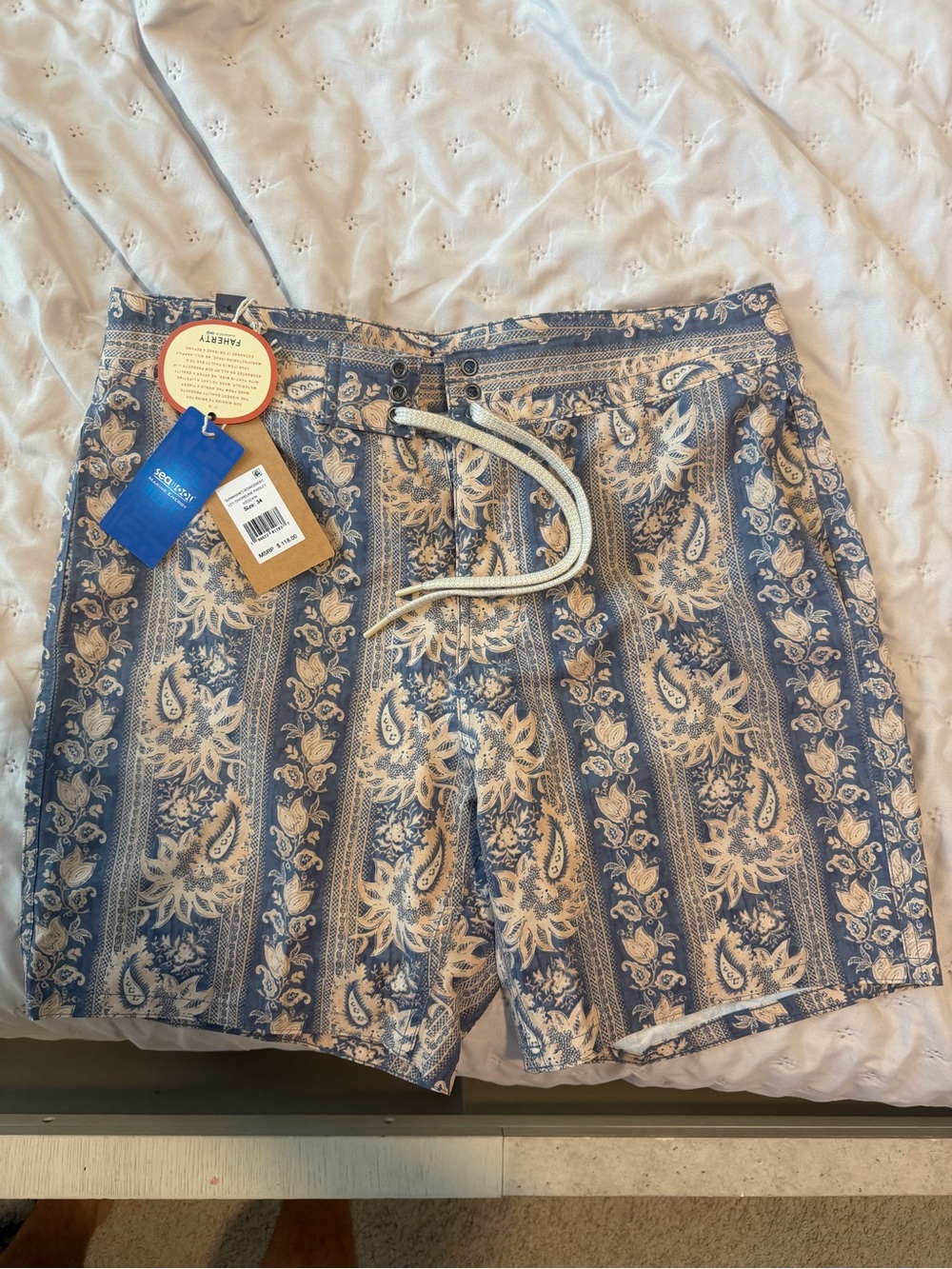 Faherty Blue and White Paisley Hybrid Shorts